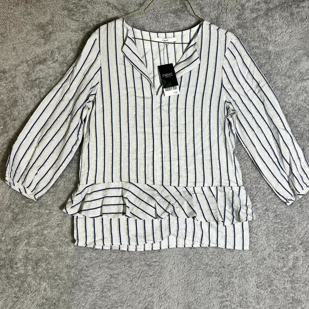 Next Blouse Womens 6 Blue Striped Gold Metallic Peplum‎ V Neck 3/4 Sleeve Ruffle
